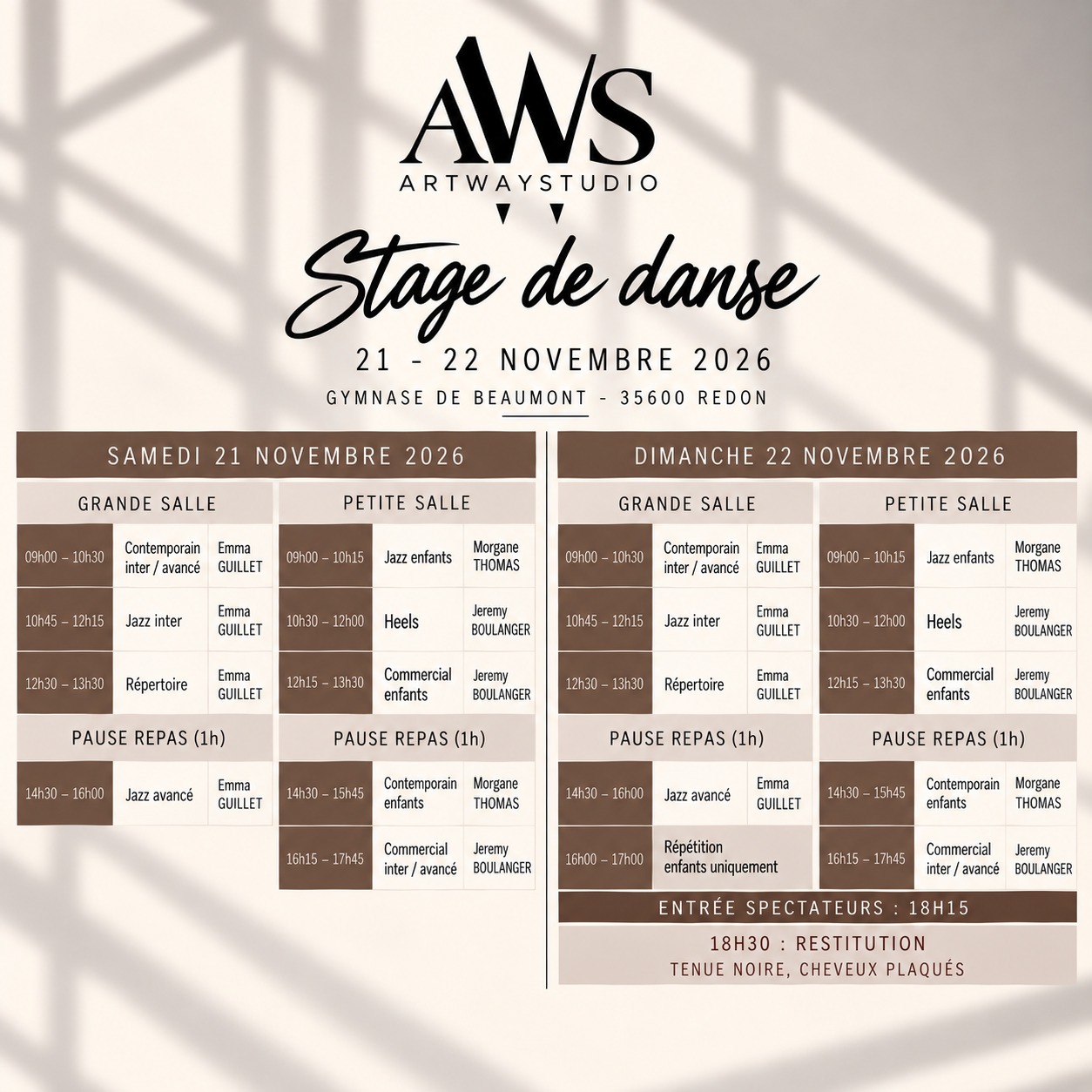 Planning du stage de danse ArtwayStudio, samedi 21 et dimanche 22 novembre 2026